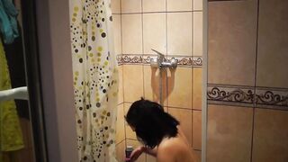my moms chubby body foaming in the shower