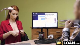 Redhaired babe shows off big tits before office hammering