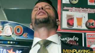 Handsome men in classy suits spitroasting pretty bottom