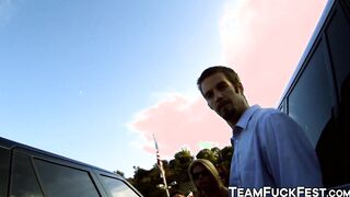 Three pornstars are on a hunt for some hard stranger cock