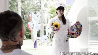 Gorgeous tranny Natalie Mars rides a thick long dick