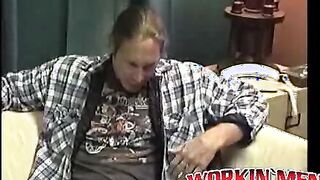 Stud Freddyz with long hair strokes his fat meat on a bed