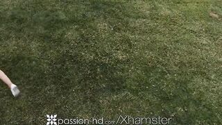 PASSION-HD Blonde Boned With Cum Splash Facial Into Backyard