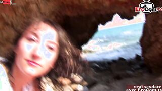 Amateur outside three-way at the beach with 2 slender Teenage Girls
