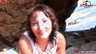 Amateur outside three-way at the beach with 2 slender Teenage Girls