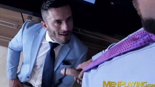 Businessman pounding partners tight wet butt hole hard