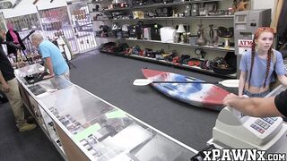 Little redhead temptress earns money by fucking in pawnshop