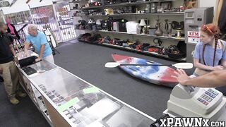 Little redhead temptress earns money by fucking in pawnshop