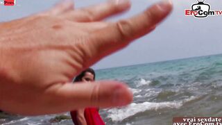Rough outdoors plowed at the beach with a dark haired french bimbo
