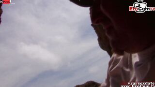 Rough outdoors plowed at the beach with a dark haired french bimbo