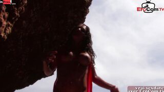 Rough outdoors plowed at the beach with a dark haired french bimbo