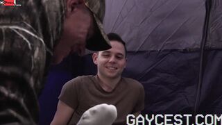 Gaycest - Monster penis daddies share bottom sons while camping