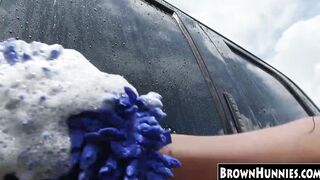 Ebony honey services a big white dick after car washing