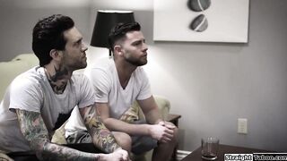 Busty brunette DPed by two stepbrothers