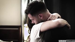 Busty brunette DPed by two stepbrothers