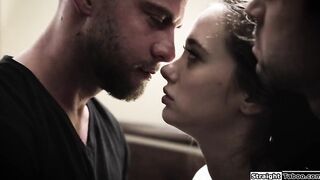 Busty brunette DPed by two stepbrothers