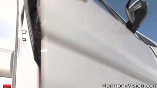 Sinfully dark hair Beauty sucking cock outside