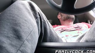 Stepson getting bareback hard by daddy inside the car