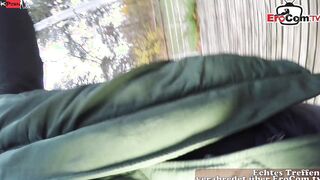 Erotic German Mom with glasses fucks outdoors pov