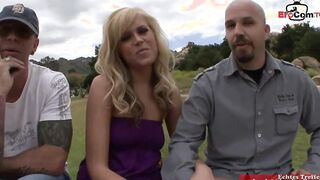 Tall blonde with natural titted lets her cuckold husband watch her during