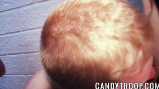 Young blond guy sucks two hard dicks in the army