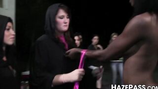 Lesbian trio nibbles gushing college pussy outdoors