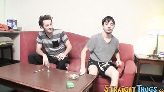 Two young straighties are competing who will cum first