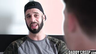 Tattooed stepdad rimming and bareback fucking naughty twink