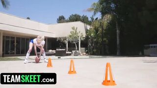 Irresistible Blonde into Tight Shorts Getting Stretched and Drilled by her Trainer and Takes one for the Team