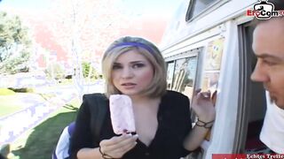 Blonde 19 yo with small boobs wears a skirt and getting