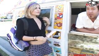 Blonde 19 yo with small boobs wears a skirt and getting