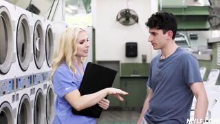 Threesome with laundromat milf owner and her daughter