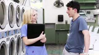 Threesome with laundromat milf owner and her daughter