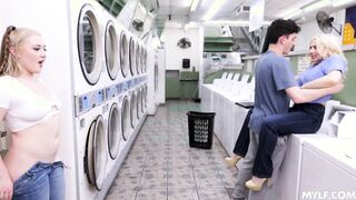 Threesome with laundromat milf owner and her daughter