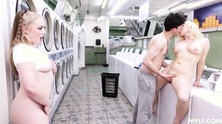 Threesome with laundromat milf owner and her daughter