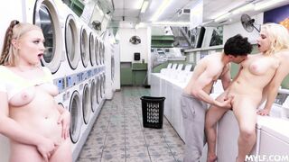 Threesome with laundromat milf owner and her daughter