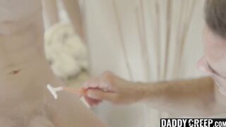 Daddy helps stepson shave his dick before fucking him bare