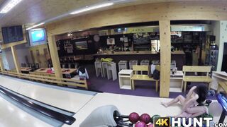 Brunette cheats on her boyfriend for cash at a bowling place