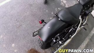 Straight biker rides cock for cash in the pawnshop