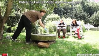 Submissive gardener toyed around by two fatties