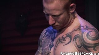 Blindfolded bald gay ass fucked by his dominant inked master
