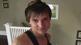 Hot and cute twink wanks his big fat dick in the corner