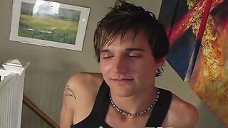 Hot and cute twink wanks his big fat dick in the corner