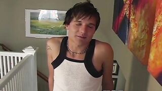 Hot and cute twink wanks his big fat dick in the corner