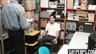 Thieving twink cums hard after police interracial threesome