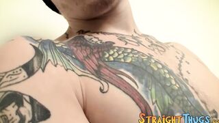 Young tattooed homo wanks off his hairy dick and cums