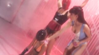 Masked latex subs toyed with by lesbian dominatrix