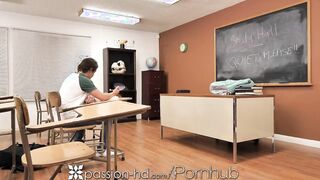 PASSION-HD Masturbating Dark Haired College cunt with mouth Fucks Biology Tutor