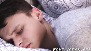 Cute stepson in pajama receives a blowjob from handsome dad