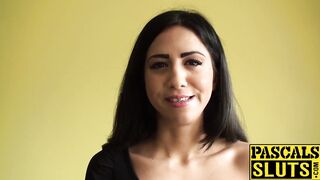 Busty latin babe Julia De Lucia rubbing her clit excitedly